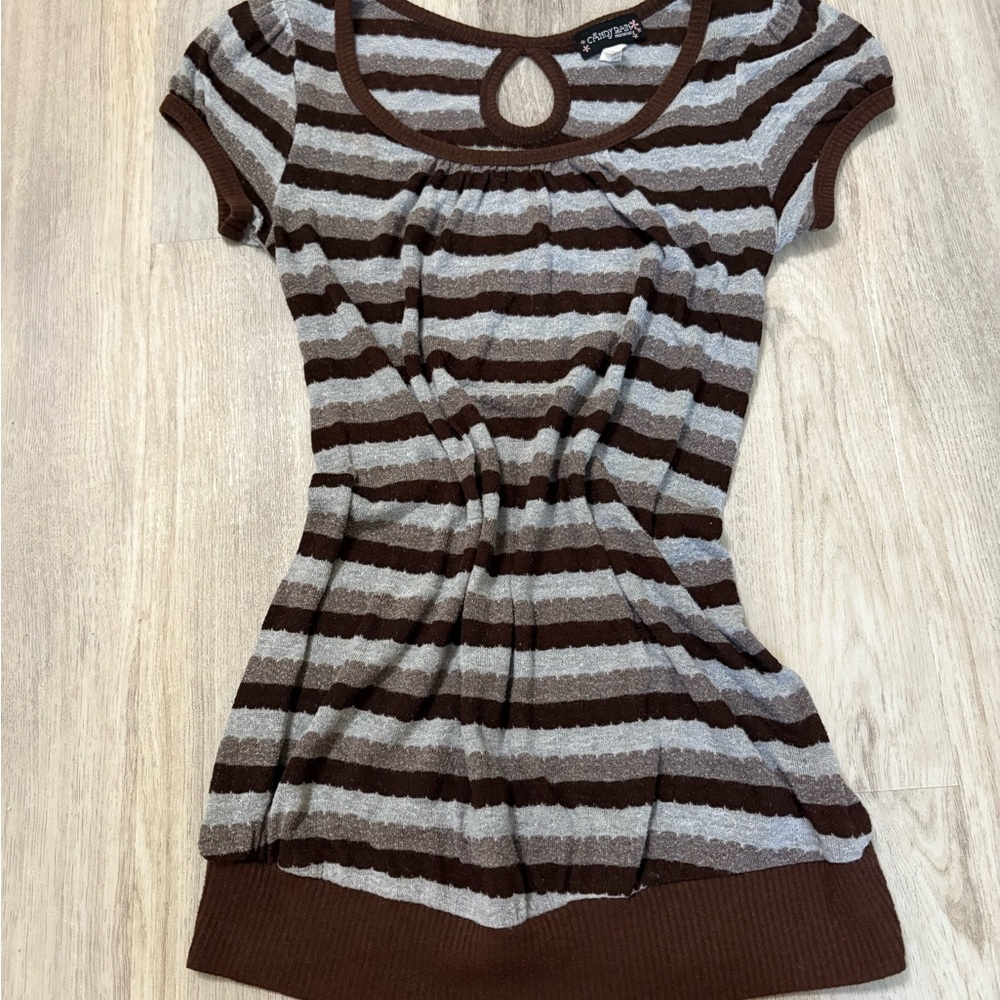 Striped Scoop Neck Blouse - Brown and Gray